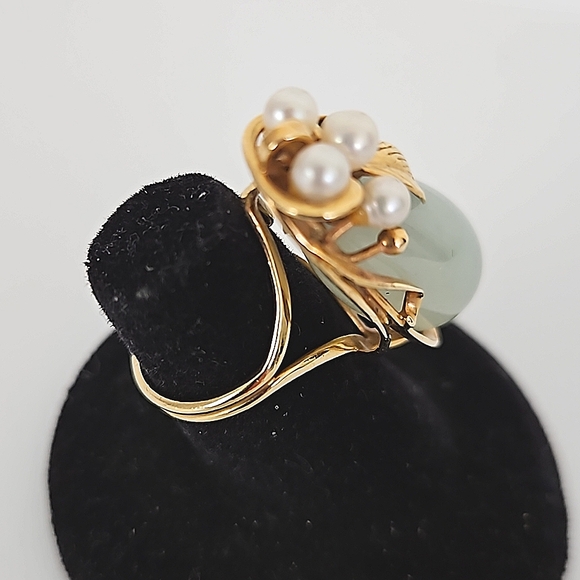 Vintage 14k Ming's Jadeite/Pearl Ring - Picture 4 of 8